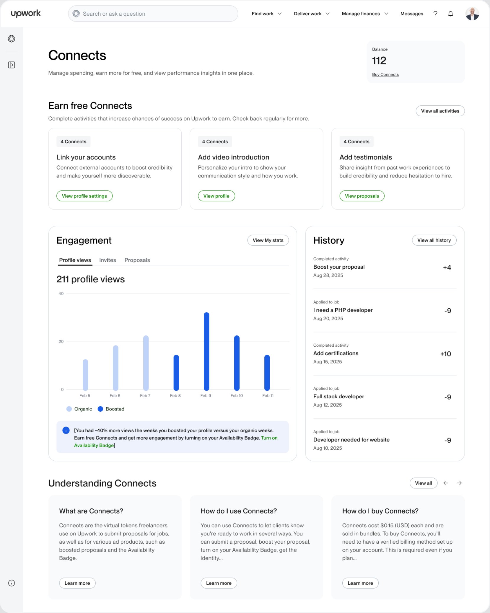 Connects hub dashboard with ways to earn, engagement chart, history and learning content