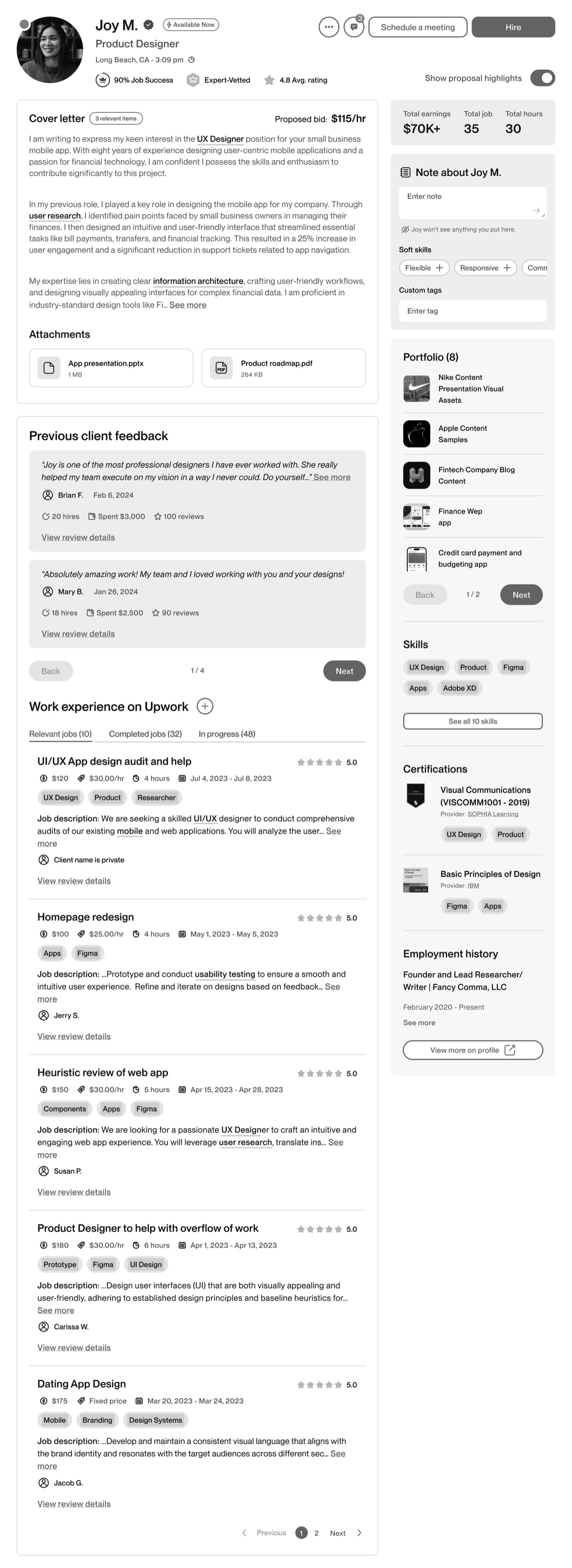 Concept A — cover letter, client feedback, and work history stacked in one column beside a fixed summary rail