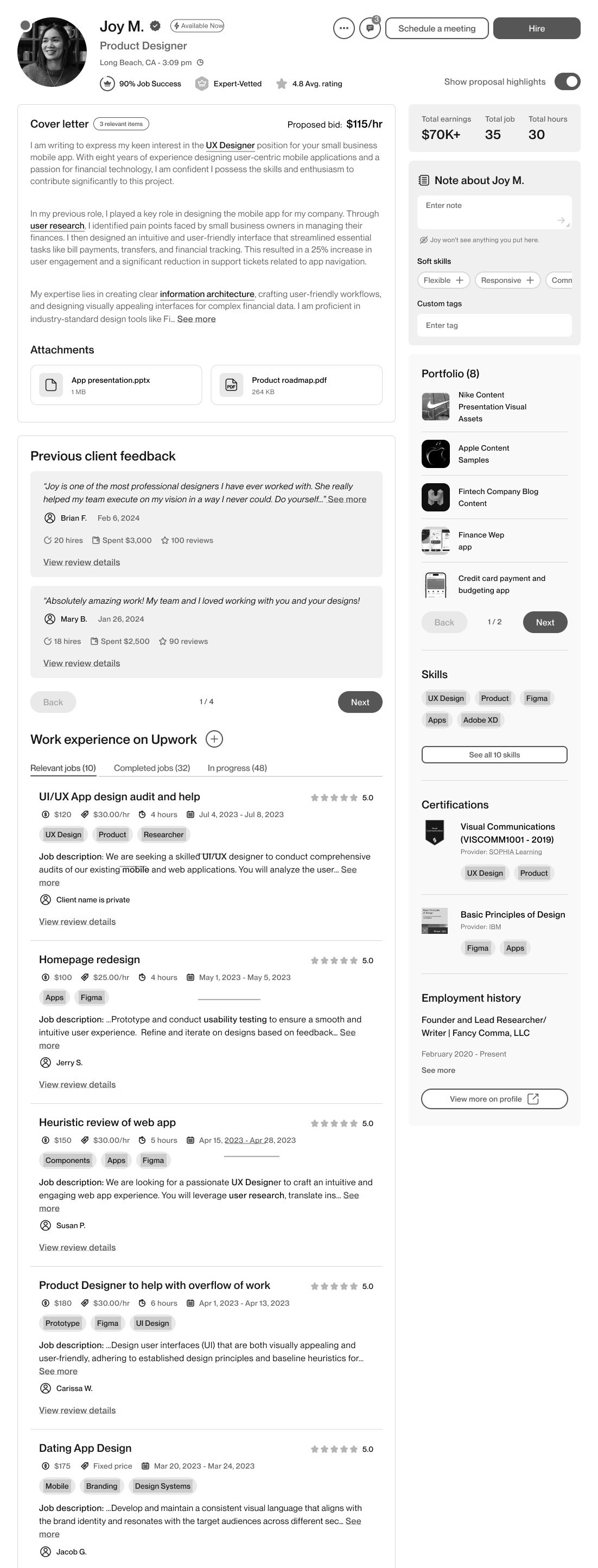 Concept A — cover letter, client feedback, and work history stacked in one column beside a fixed summary rail