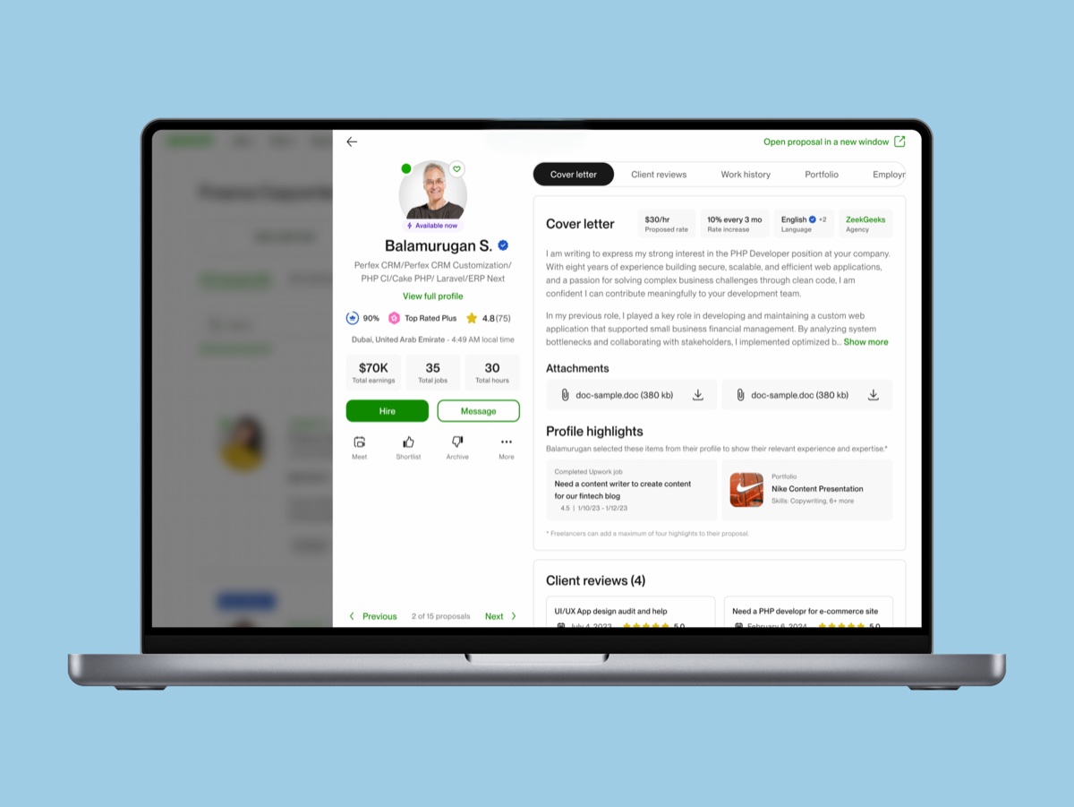 Freelancer profile shown full-page on a laptop