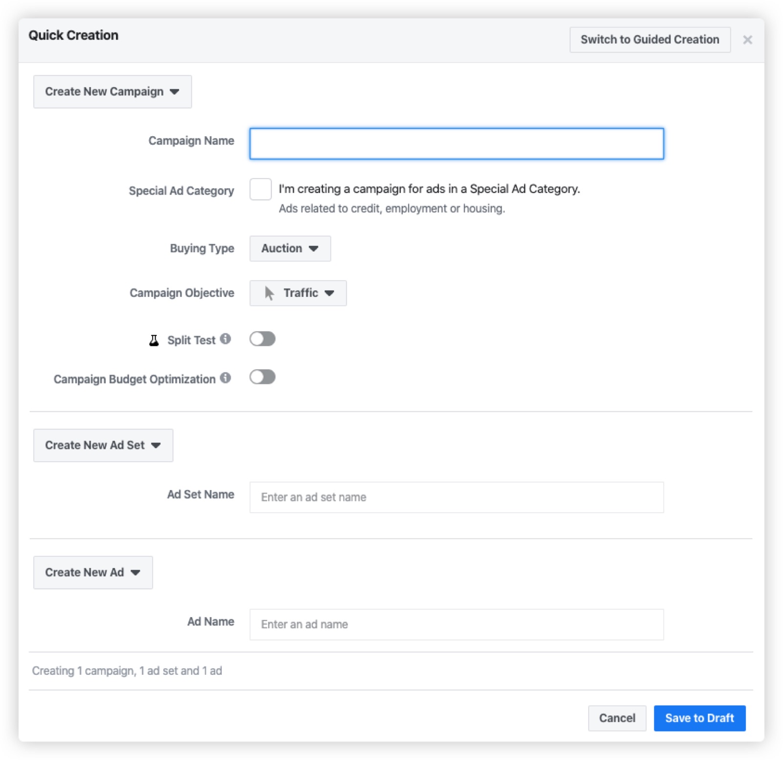 Quick-creation path for returning advertisers.