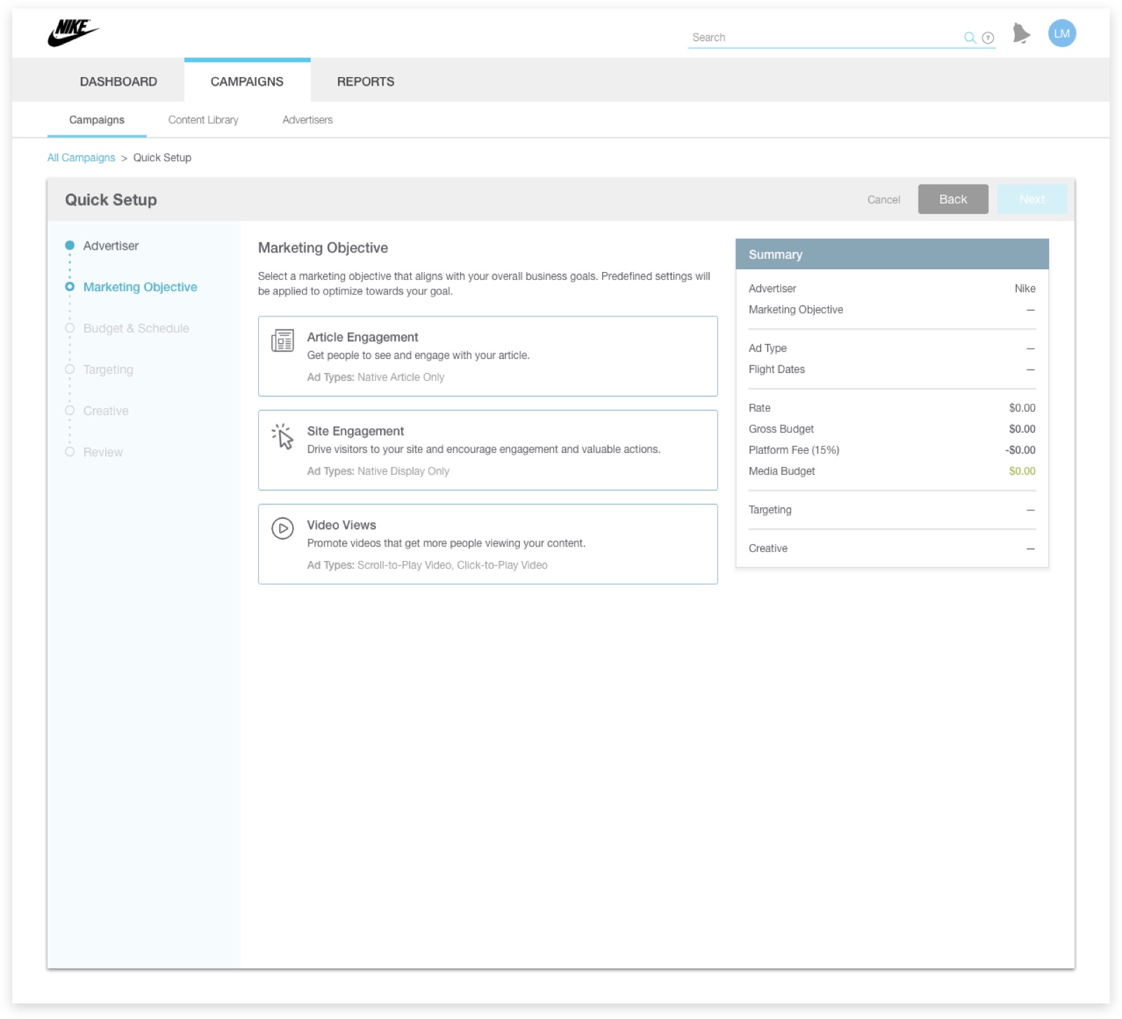 The self-serve wizard — guided campaign creation.