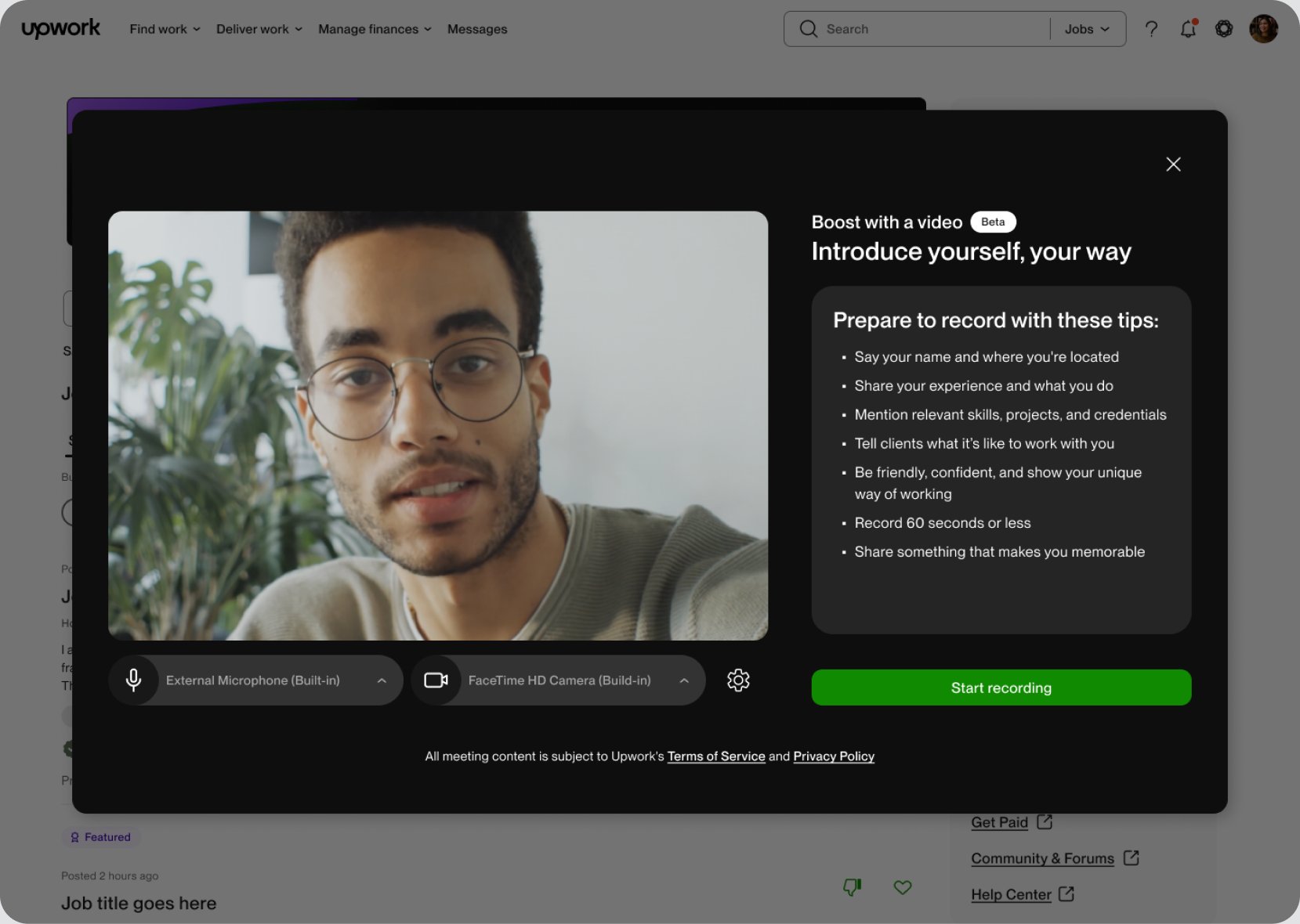 Freelancer video introduction playing for a client