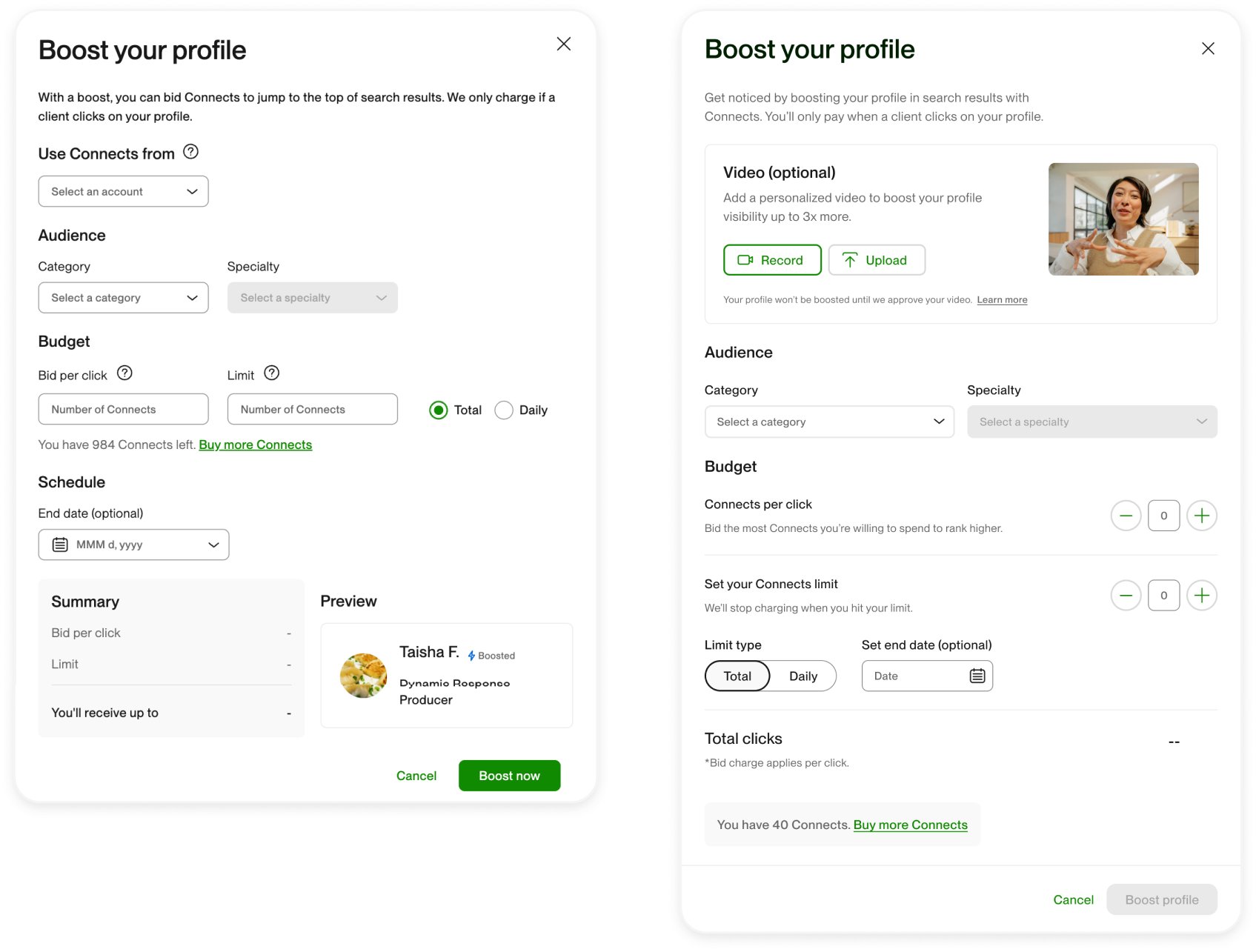 Old vs. new setup modal with detailed settings